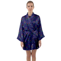 Nerdy 60s  Girl Pattern Blue Long Sleeve Satin Kimono by snowwhitegirl