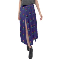 Nerdy 60s  Girl Pattern Blue Velour Split Maxi Skirt by snowwhitegirl