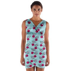 Cherries An Bats Aqua Wrap Front Bodycon Dress