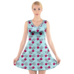 Cherries An Bats Aqua V-Neck Sleeveless Dress