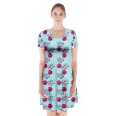 Cherries An Bats Aqua Short Sleeve V-neck Flare Dress