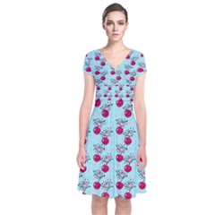 Cherries An Bats Aqua Short Sleeve Front Wrap Dress