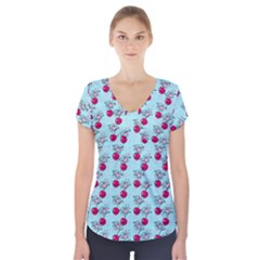 Cherries An Bats Aqua Short Sleeve Front Detail Top