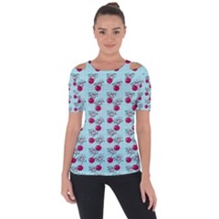 Cherries An Bats Aqua Shoulder Cut Out Short Sleeve Top