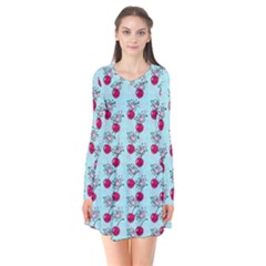 Cherries An Bats Aqua Long Sleeve V-neck Flare Dress