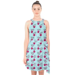 Cherries An Bats Aqua Halter Collar Waist Tie Chiffon Dress