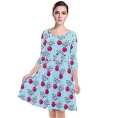 Cherries An Bats Aqua Quarter Sleeve Waist Band Dress