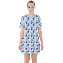 Cherries An Bats Aqua Sixties Short Sleeve Mini Dress