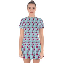 Cherries An Bats Aqua Drop Hem Mini Chiffon Dress