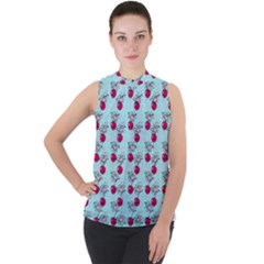 Cherries An Bats Aqua Mock Neck Chiffon Sleeveless Top