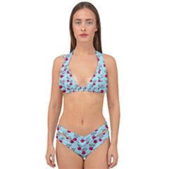 Cherries An Bats Aqua Double Strap Halter Bikini Set