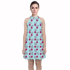 Cherries An Bats Aqua Velvet Halter Neckline Dress 