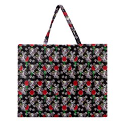 Heart Skeleton Face Pattern Black Zipper Large Tote Bag