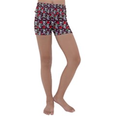 Heart Skeleton Face Pattern Burgundy Kids  Lightweight Velour Yoga Shorts