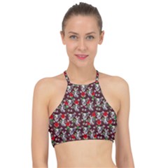 Heart Skeleton Face Pattern Burgundy Racer Front Bikini Top by snowwhitegirl