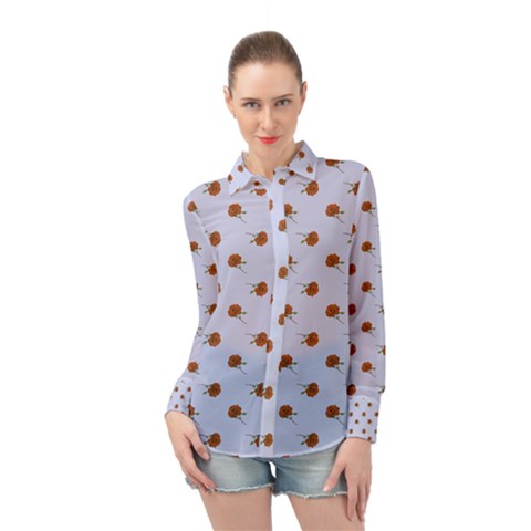 Peach Rose Blue Long Sleeve Chiffon Shirt by snowwhitegirl