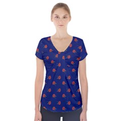 Red Rose Blue Short Sleeve Front Detail Top by snowwhitegirl