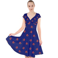 Red Rose Blue Cap Sleeve Front Wrap Midi Dress