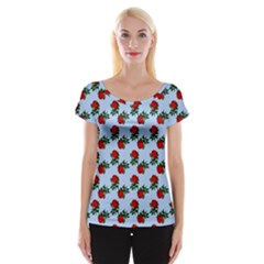 Red Roses Light Blue Cap Sleeve Top by snowwhitegirl