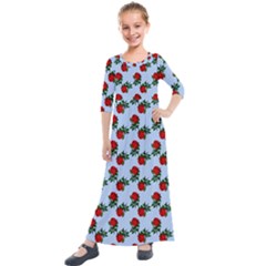 Red Roses Light Blue Kids  Quarter Sleeve Maxi Dress by snowwhitegirl