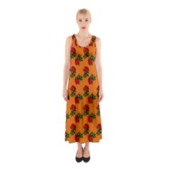 Red Roses Orange Sleeveless Maxi Dress