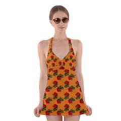 Red Roses Orange Halter Dress Swimsuit 