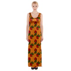 Red Roses Orange Thigh Split Maxi Dress