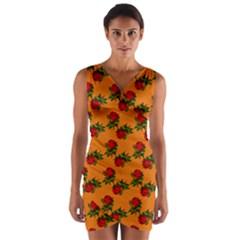 Red Roses Orange Wrap Front Bodycon Dress