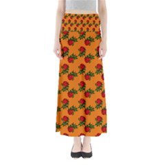 Red Roses Orange Full Length Maxi Skirt