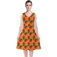 Red Roses Orange V-Neck Midi Sleeveless Dress 