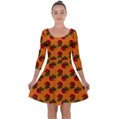 Red Roses Orange Quarter Sleeve Skater Dress