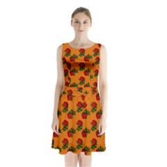 Red Roses Orange Sleeveless Waist Tie Chiffon Dress