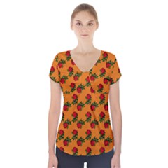 Red Roses Orange Short Sleeve Front Detail Top