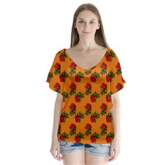 Red Roses Orange V-Neck Flutter Sleeve Top