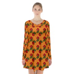 Red Roses Orange Long Sleeve Velvet V-neck Dress