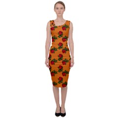 Red Roses Orange Sleeveless Pencil Dress