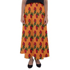 Red Roses Orange Flared Maxi Skirt