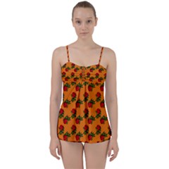 Red Roses Orange Babydoll Tankini Set