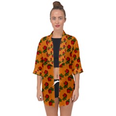 Red Roses Orange Open Front Chiffon Kimono