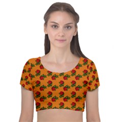 Red Roses Orange Velvet Short Sleeve Crop Top 