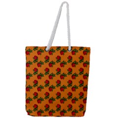 Red Roses Orange Full Print Rope Handle Tote (Large)