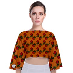 Red Roses Orange Tie Back Butterfly Sleeve Chiffon Top