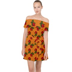 Red Roses Orange Off Shoulder Chiffon Dress