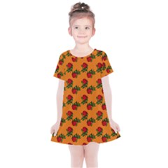 Red Roses Orange Kids  Simple Cotton Dress