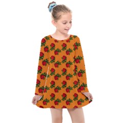 Red Roses Orange Kids  Long Sleeve Dress