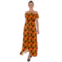 Red Roses Orange Off Shoulder Open Front Chiffon Dress