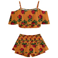 Red Roses Orange Kids  Off Shoulder Skirt Bikini