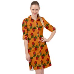 Red Roses Orange Long Sleeve Mini Shirt Dress