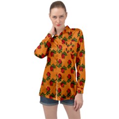 Red Roses Orange Long Sleeve Satin Shirt