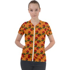 Red Roses Orange Short Sleeve Zip Up Jacket